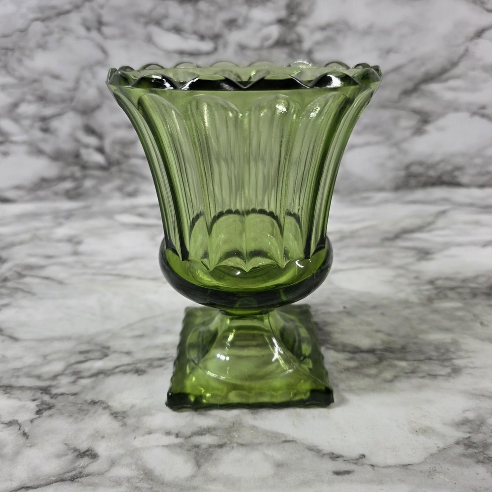 Vintage Green Indiana Glass Vase 6" Pedestal Compote Footed Pressed Glass MCM